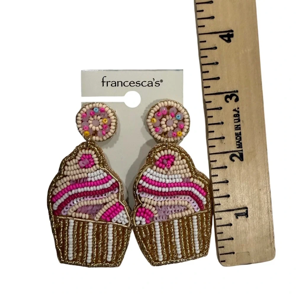 Francescas Beaded Cupcake‎ Dangle Earrings Pink White Gold Fun Novelty